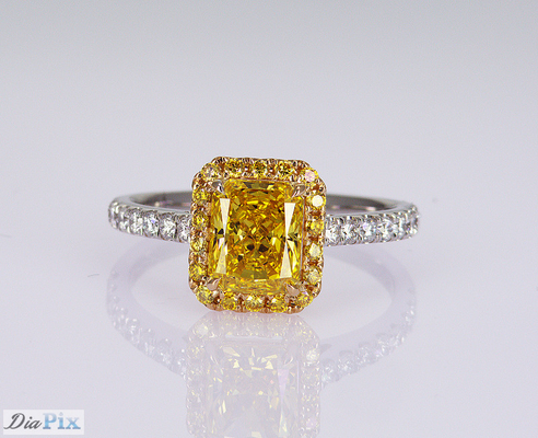 1.1ct Radiant Shape Fancy Vivid Yellow Lab Dibuat Berlian Cincin 18K Gold Set