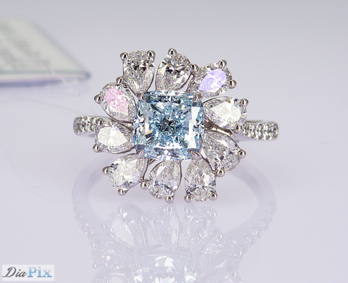 3.284ct Cushion Cut Sky Blue CVD Synthetic Diamond Rings Luxury 18K Set Emas Putih